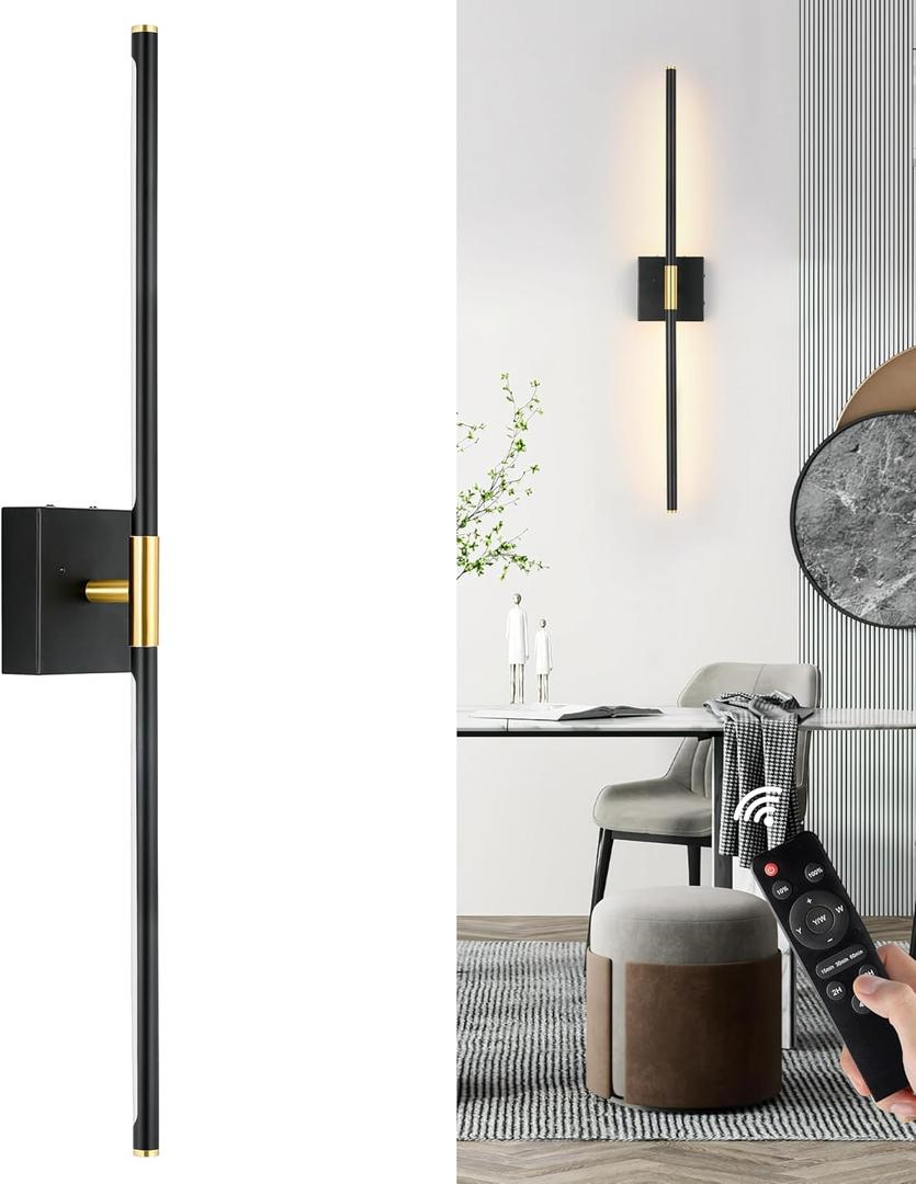 Morauroral Battery Operated Wall Sconce Single, Black Gold Rechargeable Wall Sconce with Remote, Dimmable Sconce Wall Light, 30 Inch LED Wireless Wall Light for Background Wall, Bedroom,Living Room