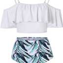 Kaei&Shi High Waisted Flounce Bikini Set,Tummy Control Swimsuits for Women,Off Shoulder (X-Small, White)