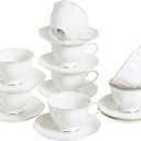 White Ceramic Tea Cup and Saucer Set of 8 (16-Piece) - 6oz Elegant Porcelain Cups with Gold Rim, 8 Cups & 8 Saucers for Tea Party