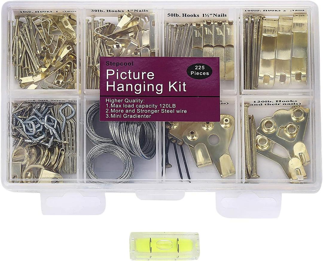 Picture Hangers, Picture Hanging Kit, 225pcs Heavy Duty Frame Hooks Hardware with Nails, Hanging Wire, Screw Eyes, D Ring and Sawtooth for Wall Mounting
