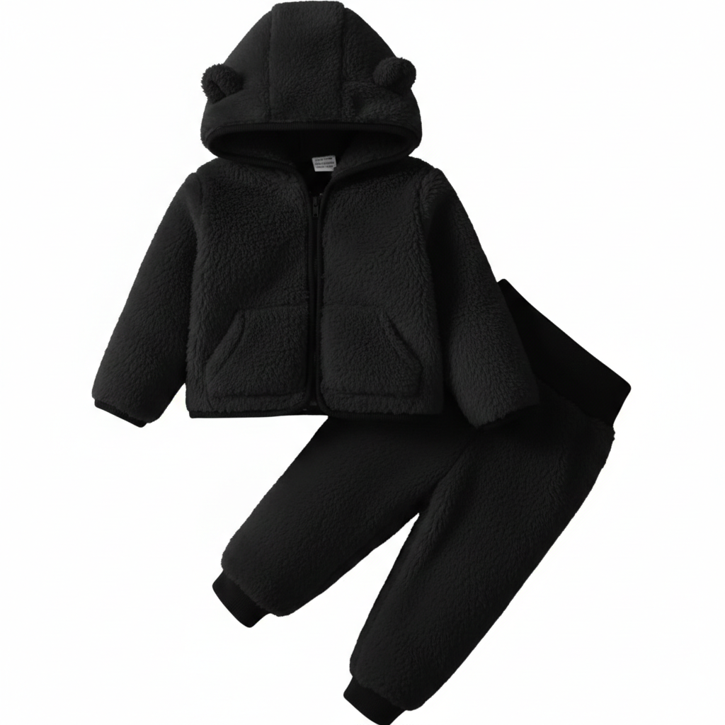 SOBOWO Winter Clothes for Baby Boy Girl Fleece Zip up Hoodie Jacket Coat Ear Warm Sweatshirt Pants Outwear Toddler Outfits (6-9 Months, Black)