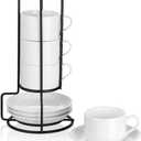 2.5oz Espresso Cups Set of 4, Porcelain Stackable Espresso Cups with Saucers and Metal Stand Set, White Expresso Shots Cup Set