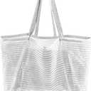 HOHOM Beach Bags for Women, Summer Travel Mesh Tote Bag with Large Inner Pocket, Sandproof Woven Shoulder Handbag