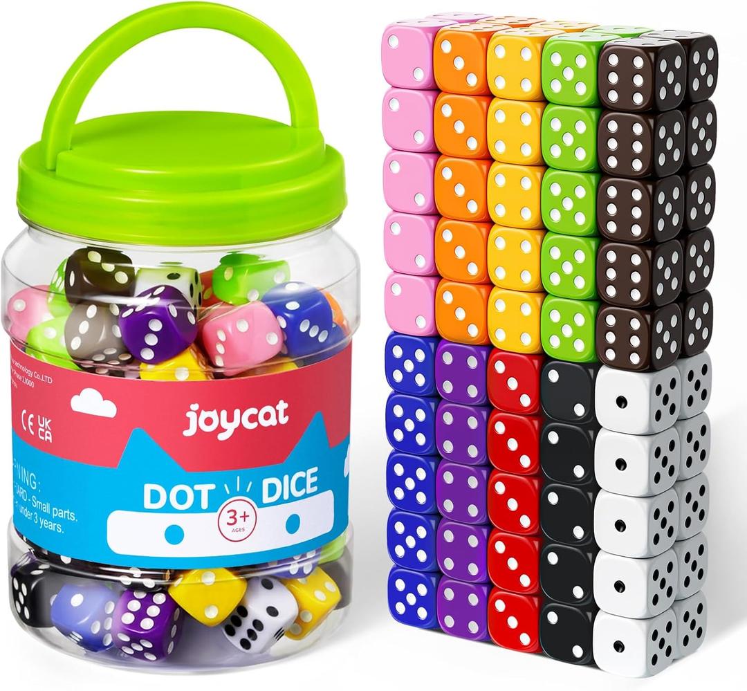JoyCat 16mm 6 Sided Dice Set Standard Game Dice Kids for Board Games Dice Games Math Dice for Classroom with Storage Bucket (100, Opaque)