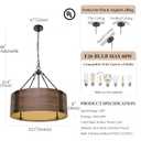 Chandelier Lighting Fixture, 4-Light, Black Walnut Wood Metal Drum Shade, Rustic Industrial Iron Pendant for Kitchen Island Living Dining Room Over Table, 23" W x 21.5" H