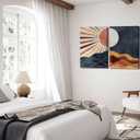 2Pcs Boho Sun and Moon Canvas Wall Art Painting Abstract Mountains Poster Prints Sun and Moon Pictures Medieval Modern Wall Decor for Living Room Bedroom 12x16in Framed