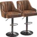 VECELO Bar Stools Set of 2, Adjustable Counter Height Barstools with Back and Arm, Swivel Bar Chair Stools for Kitchen Counter Island Cafe Dining Room, Industrial Style, Brown