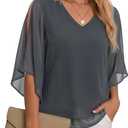 Uhiger Chiffon Blouses for Women V Neck Dressy Casual 3/4 Sleeve Tops 2026 Summer Vacation Double Layers Outfits (XXXL)