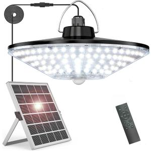 Solar Lights Indoor Outdoor, Solar Pendant Lights with Motion Sensor & Remote, 198 Bright LEDs, 5 Lighting Modes, Waterproof Energy Efficient for Shed Barn Chicken Coop Gazebo Garage Day & Night