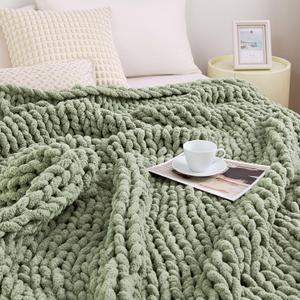 Admitrack Chunky Knit Blanket Throw, 100% Hand Knit Chenille Throw Blanket for Sofa & Home Decor, Soft and Cozy Knitted Throw Blankets (Sage Green51"x63"), Throw51"63"