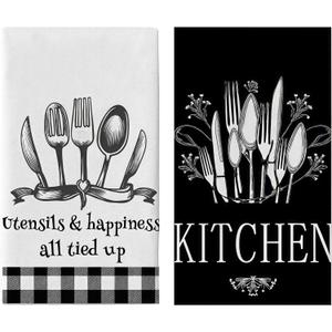 Tableware Black and White Grid Kitchen Towels Set of 2-18x26 Inch, Ultra Absorbent Microfiber, Farmhouse Decor, Fast Drying for Home, Kitchen, and Daily Use