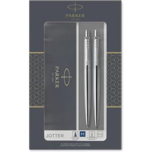 Parker Jotter Duo Gift Set, Ballpoint Pen & Mechanical Pencil (0.5mm), Stainless Steel with Chrome Trim, Quality Blue Ink Refill, Perfect for Professional and Academic Use (1 Count (Pack of 1))