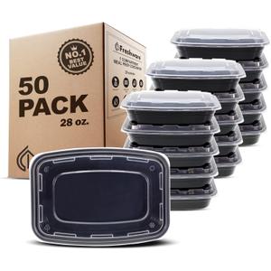 Freshware Meal Prep Containers [50 Pack] 1 Compartment with Lids, Food Storage Containers, Bento Box, BPA Free, Stackable, Microwave/Dishwasher/Freezer Safe (28 oz) (28OZ [50BK])