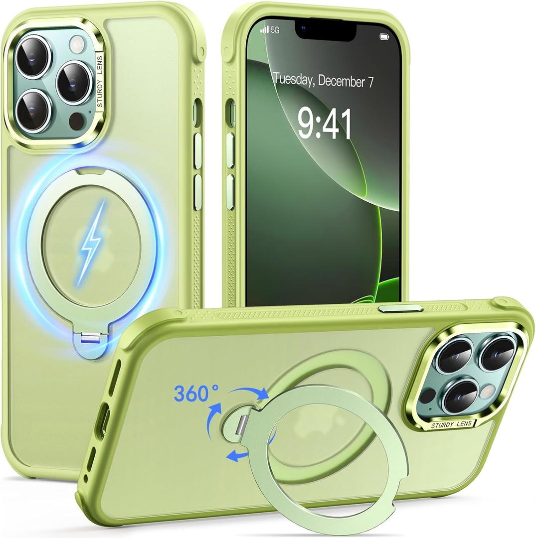 Reukdnv Magnetic for iPhone 13 Pro Max Case, Military Drop Protection, Compatible with MagSafe, Slim Translucent Matte Shockproof Protective Phone Case with 360 Spin Stand 6.7", Green