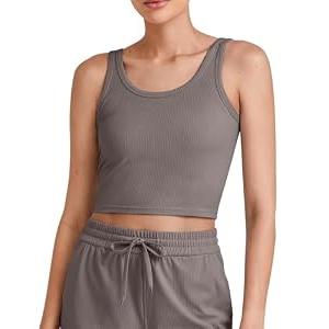 G4Free Workout Tanks for Women Running Crop Tank Cami Low Back Ribbed Slim Gym Sleeveless Shirts Pilates Yoga Casual (Taupe, L)