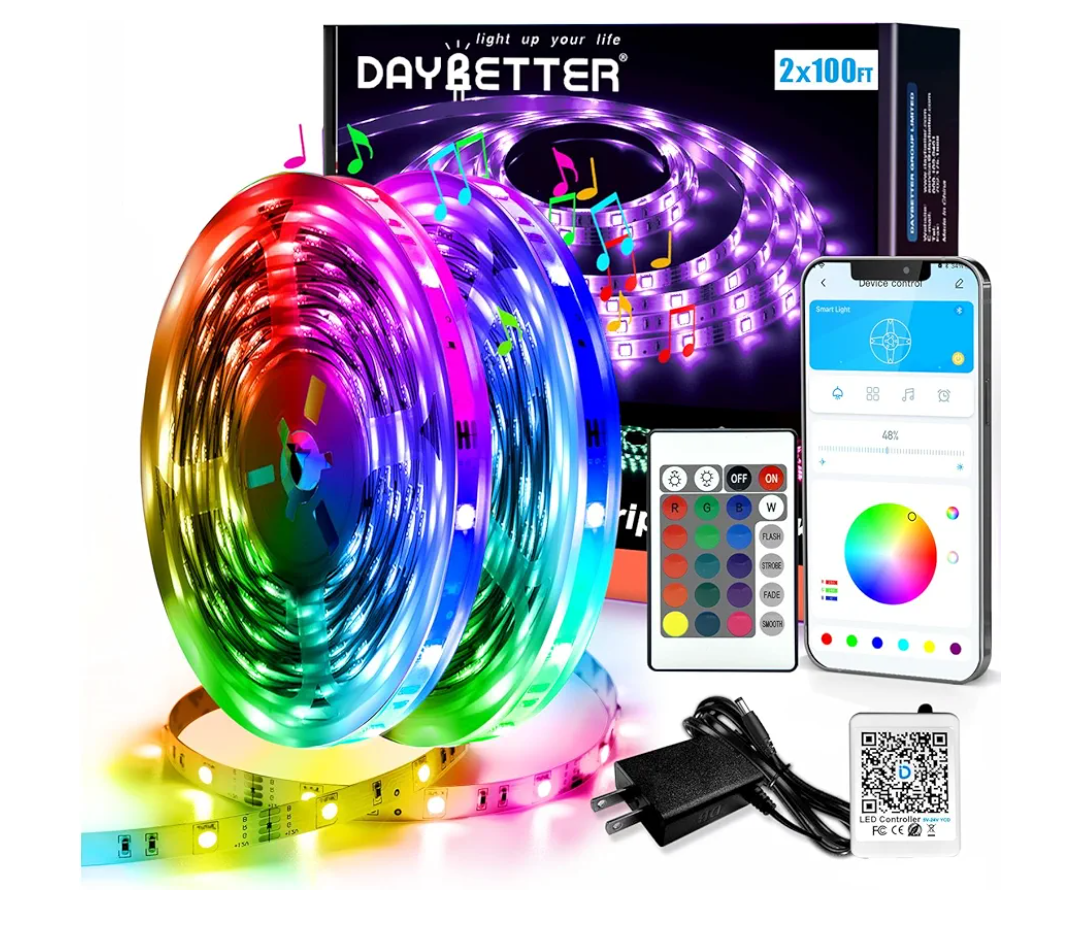 DAYBETTER Led Strip Lights Smart with App Control Remote, 2835 RGB for Bedroom, Music Sync Color Changing for Room Party 200 ft (2 Rolls of 100 ft)