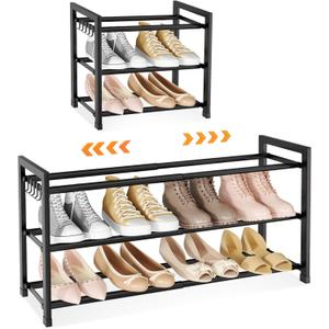 LANTEFUL Adjustable 18"-33" Expandable Shoe Rack for Closet 12 Pairs Small Spaces 3 Tier Shoe Organizer with 5 Hooks Metal Shoe Shelf for Entryway, Bedroom