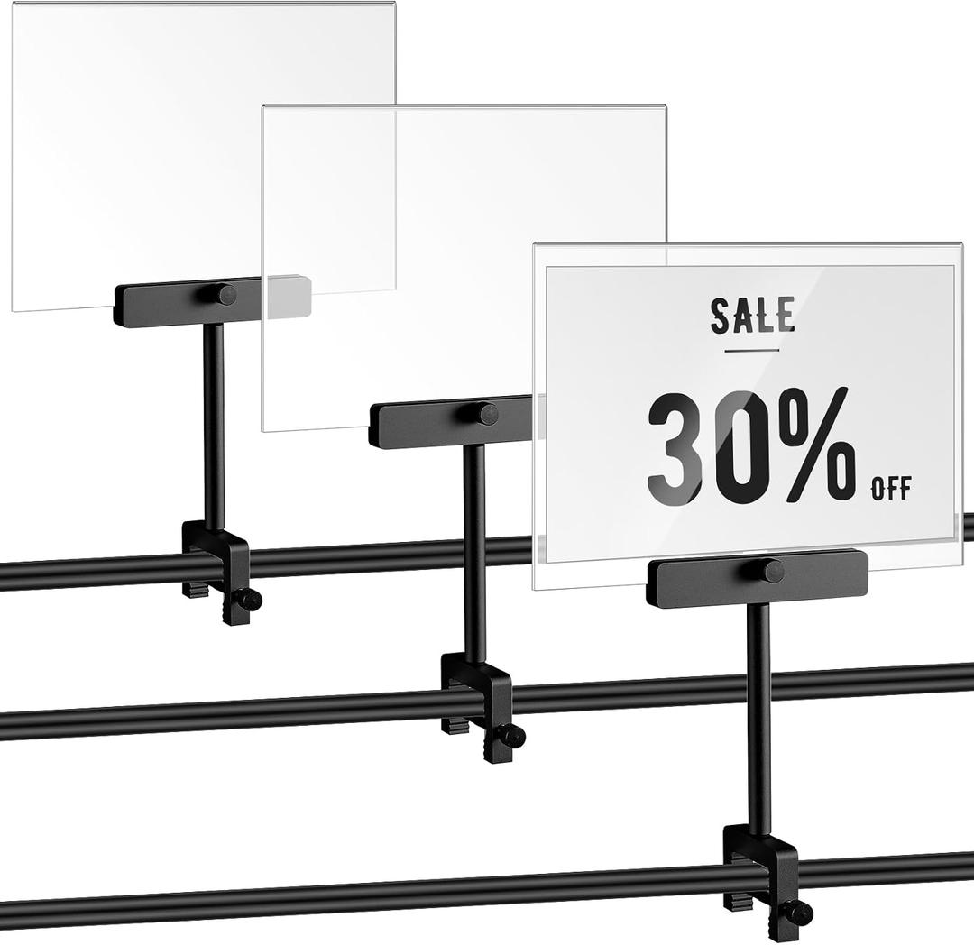 FoldTier 3 Set Aluminum Alloy Sign Holder Clamp with 5.5 x 7 Inch Acrylic Frame Sign Holder Clip on Sign Holder Rotatable Holding Clamp Sign Holder for Clothing Stores Price Tag Office (Black)