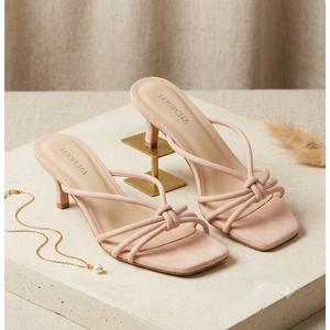Women's Strappy Kitten Heels Square Open Toe Sandals Knotted 7