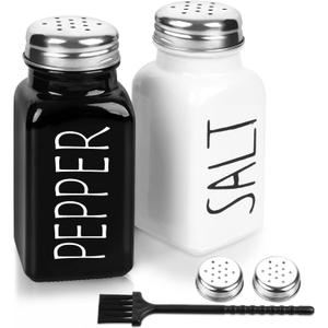 2 Pack Salt and Pepper Shakers Set, Glass Shaker with Stainless Steel Lid, Modern and Cute Farmhouse (Black and White)