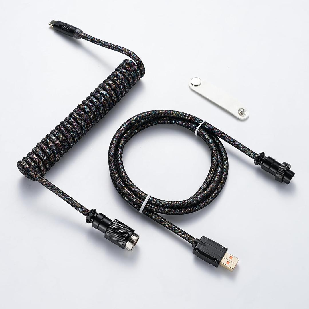 Coiled Keyboard Cable USB-C to USB-A 1.5M, Double-Sleeved Braided with Detachable 5-Pin Aviator Connector for Gaming Keyboards (Multicoloured Black)