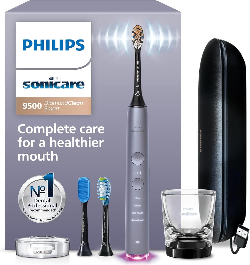 Philips Sonicare DiamondClean Smart 9500 Electric Toothbrush - Sonic Toothbrush with App, Pressure Sensor, 15 Brushing Settings, Replacement Reminder, USB Charging Travel Case, Grey, Model HX9923/41
