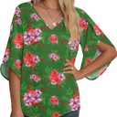 Jouica Women's Graphic Tees Short Sleeve Heart Printed Shirts Blouse Tops,Green Red Flowers,Medium