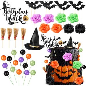 Geelin 38 Pcs Witch Theme Party Supplies Pink and Green Witch Hat Birthday Cake Topper Halloween Mini Broom and Artificial Rose Head Bat Bow Cake Decorations for Women(Bat)