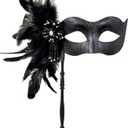 MYSEUNI 2025 New Masquerade Mask for Women with Stick - Shiny Women's Feather Mardi Gras Venetian Mask for Costume Accessory