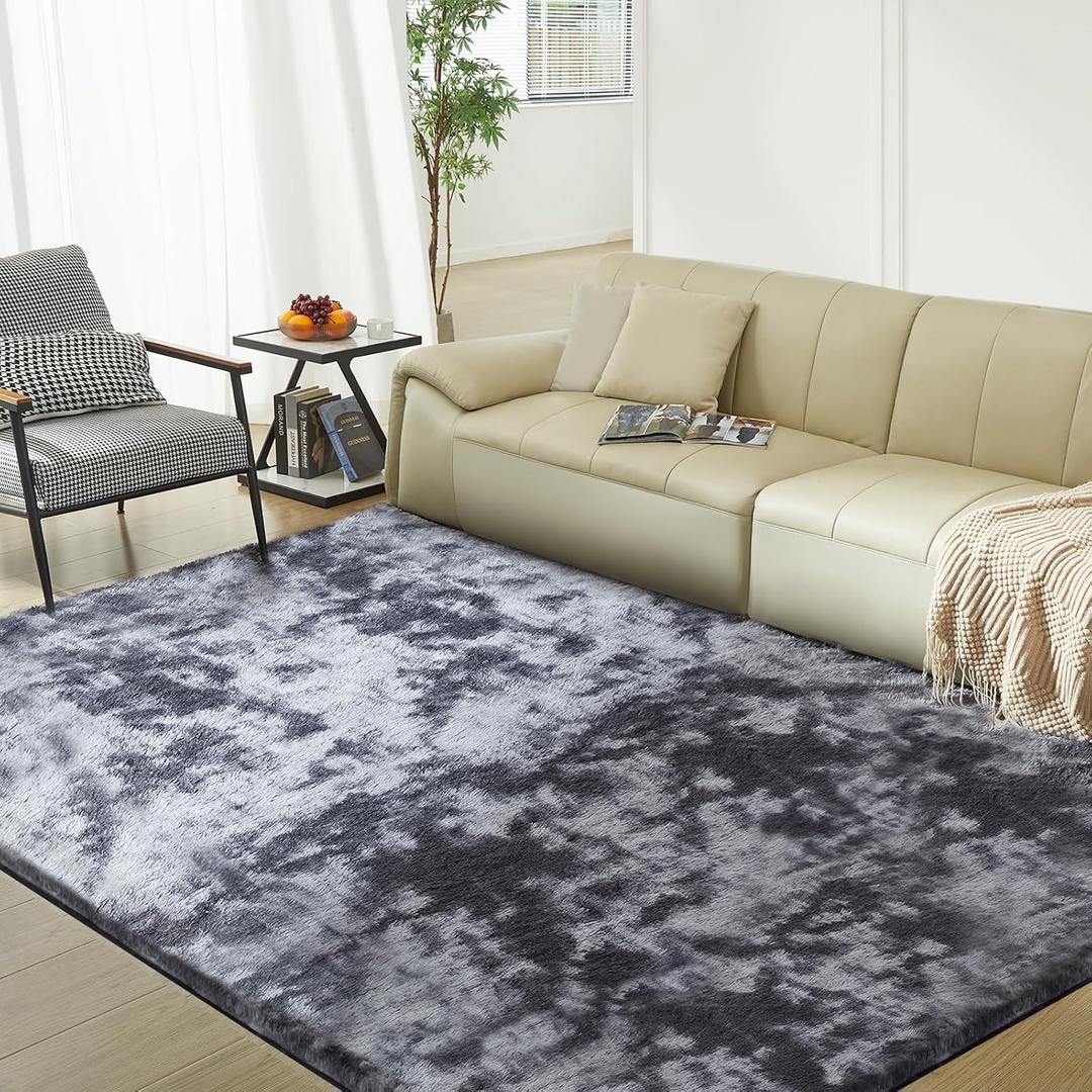 Ultra Soft Rug for Living Room, 4X6 Fluffy Shag Area Rug for Bedroom, Modern Shaggy Carpets Fuzzy Rug for Teens Dorm Nursery Home Decor Aesthetic, Upgrade Anti-Skid Durable, Tie Dye Black and Grey