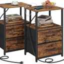 TUTOTAK End Table with Charging Station, Side Table with 2 USB Ports and Outlets, Nightstand with Cloth Drawer, Set of 2, Couch Table, Brown TB01BB052