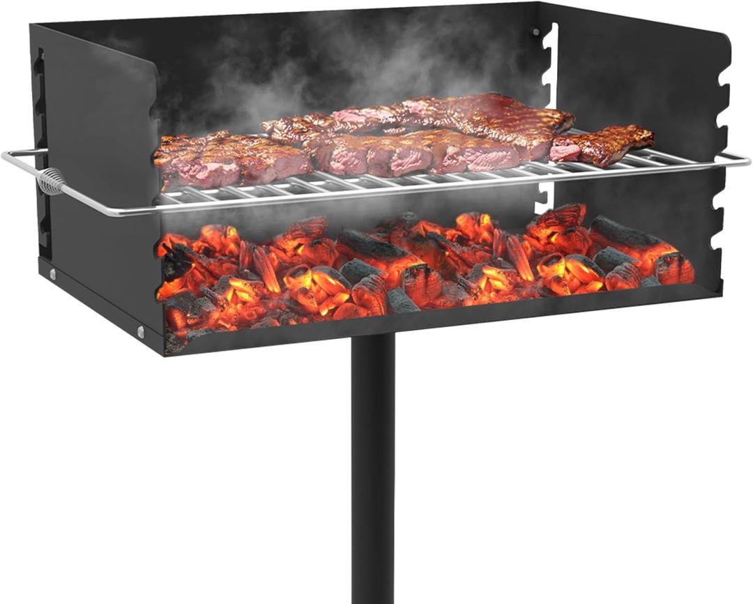 Park Style Charcoal Grill, Heavy Duty In Ground Park Grill with Stainless Steel Cooking Grate and Cover for Commercial and Outdoor Cooking 25.5'' L x 17'' W x 11'' H