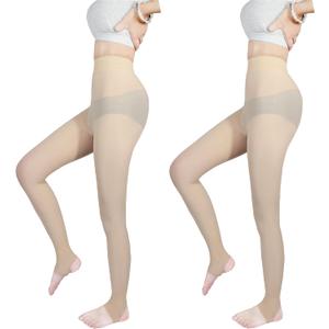 2-Pack Slightly Transparent Tights for girls & women, High Elasticity Sheen Pantyhose, For Work Dance Casual. (Medium Petite, Nude-stirrup)