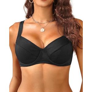 Women's Underwire Push Up Bikini Top - Ribbed Swim Bra 2025 Large Bust Bathing Suit Tops Black L