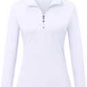 Womens Golf Shirts Long Sleeve Workout Tops Zip Up Tennis Polo Shirts (White, S)