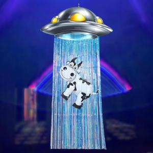 Alien Birthday Party Decorations Golden Blue Door Curtain with Foil Fringe Tinsel Spacecraft Flying Saucer Spaceship Hanging Banner Cow Balloon for Alien Halloween Party