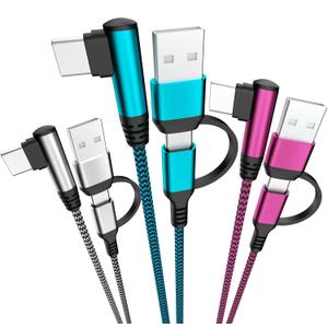 QQLIKE USB C Cable, 60W 90Right Angle Type C Charger Fast Charging Cord [3-Pack,6FT] 2 in 1 Multi USB A/C to USB-C Cables for iPhone 15 Pro Max iPad Pro AIR/Mini 6 MacBook Galaxy S23/S22