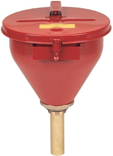 Justrite 2.6 Gallon Drum Funnel for Flammables with Emergency-Fusing Self-Closing Cover, Flame Arrester, and 2" Bung Hole Adapter, Made in The USA, 08207