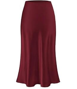 Amy Babe Womens Satin Silk Midi Skirt High Waist A-Line Casual Elastic Waist Long Skirts for Women Wine Red S