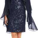 R&M Richards Elegant Sequin Cocktail Dress W/Sheer Chiffon Cape - Knee Length Evening Party Style (Blue, L)