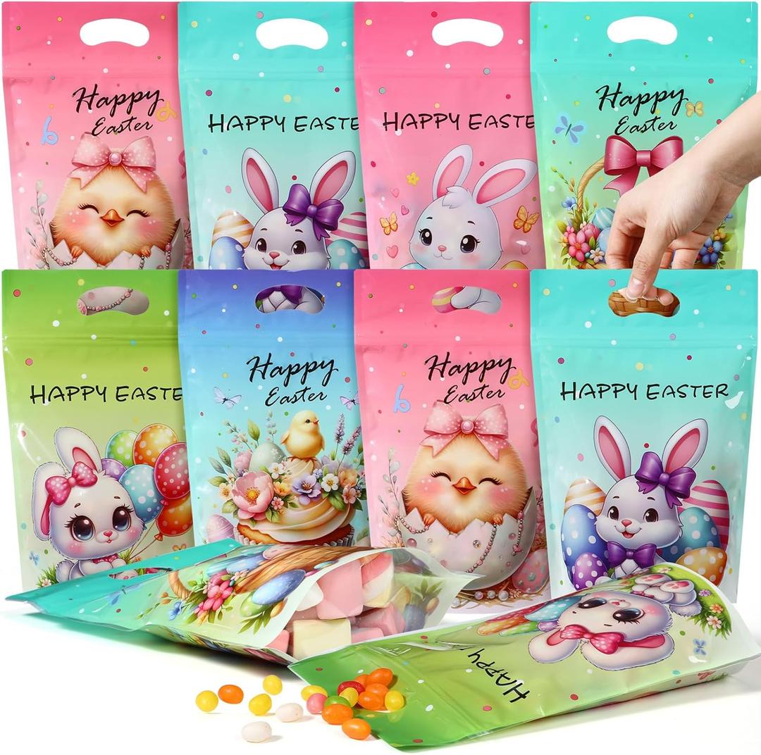 Honeydak 100 Pcs Happy Easter Sealing Treat Bags, 8.9 x 6.1 Inch Easter Sealed Pouch with Handle Resealable Rabbit Eggs Plastic Bags for Holiday Party Candy Gift Wrapping Supplies Decor
