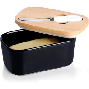 GDCZ Large Ceramic Butter Dish for Countertop Butter Keeper with Silicone Sealing, Natural Wooden Lid and Stainless Steel Knife, Kitchen Decor and Accessories for Kitchen Gifts (Black)