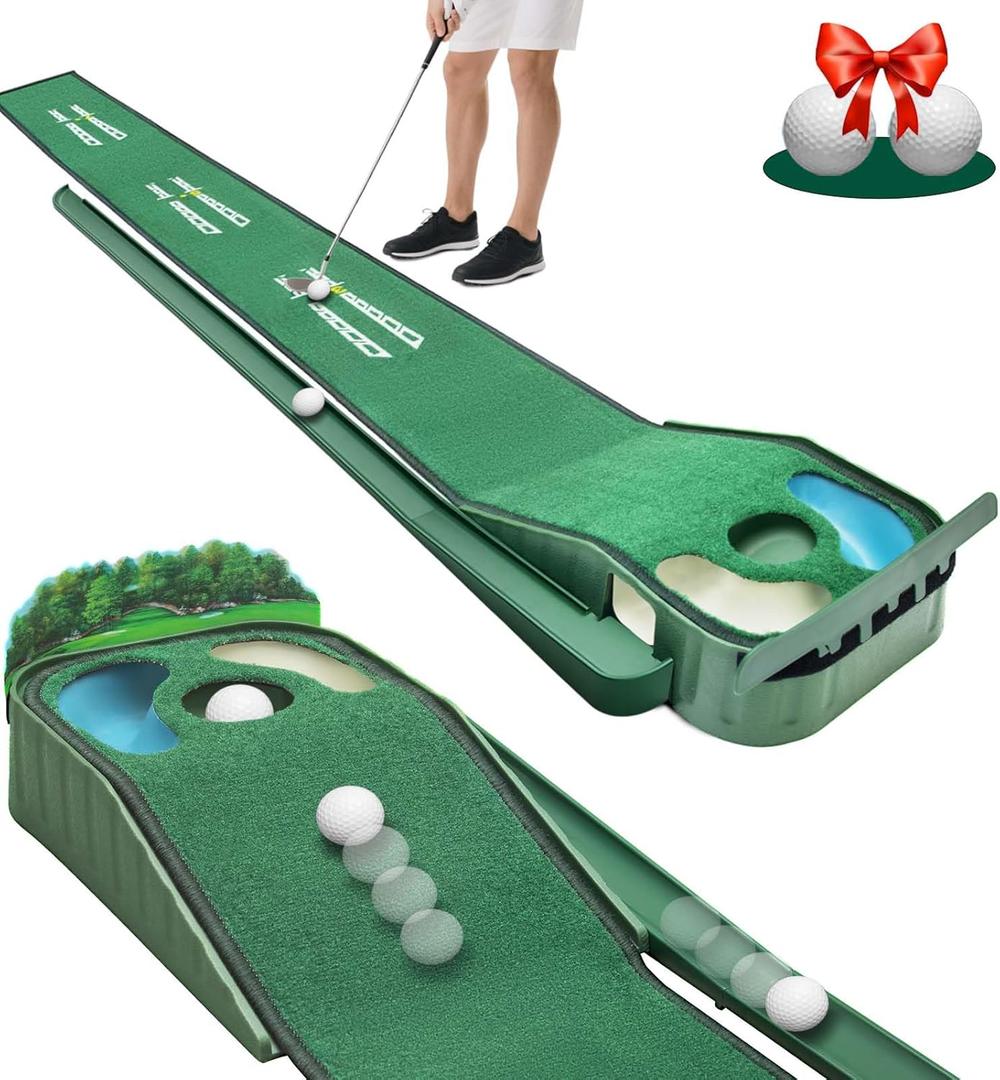 Putting Green Indoor - Golf Putting Mat with Realistic Green Speed,Dual Hazard Putting Mat, Ball Return, Velvet Surface, 8ft Practice Putting mat, Indoor&Outdoor Training Aid - Perfect Golf Gift