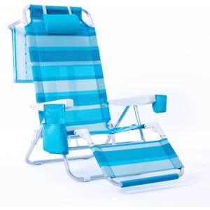 Beach Chair with Footrest High Back 5 Positions Reclining Beach Lounge Chair with Backpack Straps, Cooler Bag & Cup Holder for Outdoor Camping Poolside