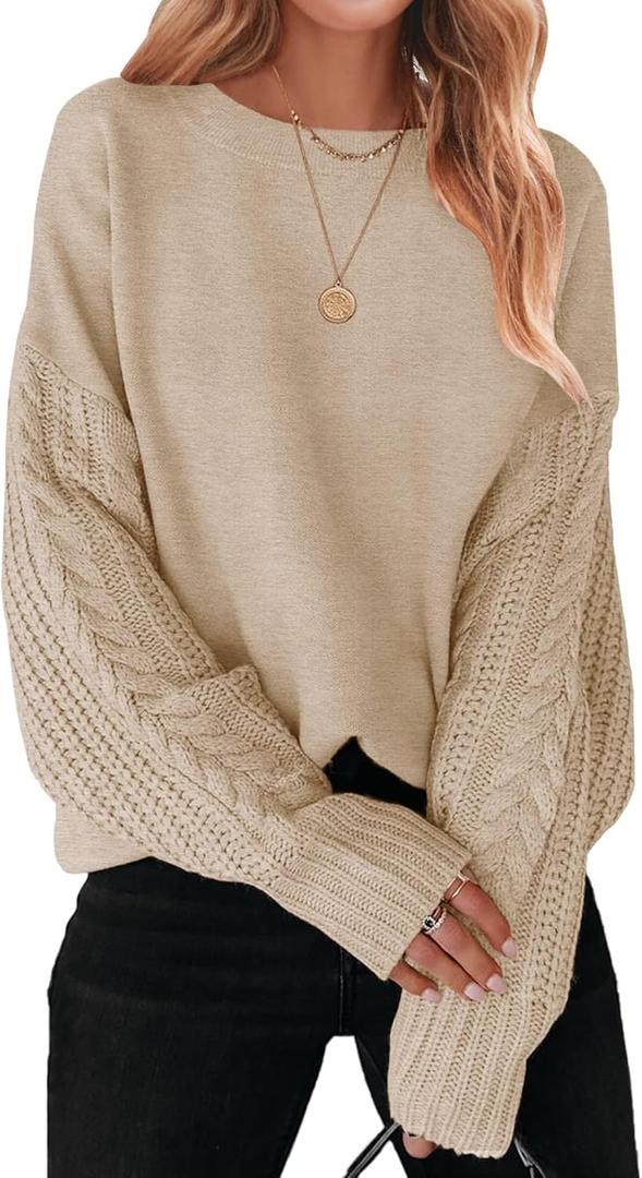 ZESICA Women's 2026 Spring Long Sleeve Crew Neck Solid Color Cable Knit Chunky Casual Oversized Pullover Sweater Tops (Medium, Oatmeal)