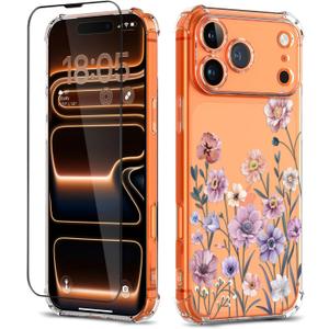 iPhone 17 Pro Max Case with Screen Protector [Full Camera Protection] Flower Pattern Design,Clear Soft Shockproof Floral Phone Cover for Women Girls 2025 6.9"
