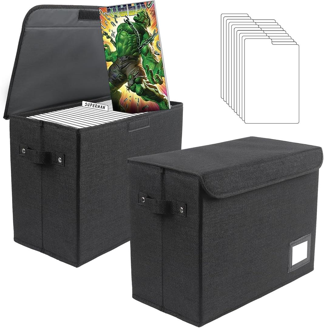 2 Pack Comic Book Storage Box - Foldable Portable Comic Books Holder & Organizer with Dividers, Large Capacity Fabric Washable Storage Box for Current/Silver/Golden Comics Collection and Magazine