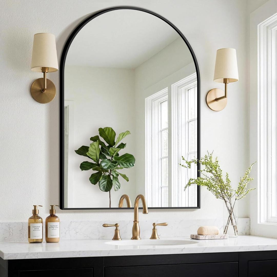 FGU Arched Bathroom Mirror for Over Sink 40"x28" Black Vanity Mirror