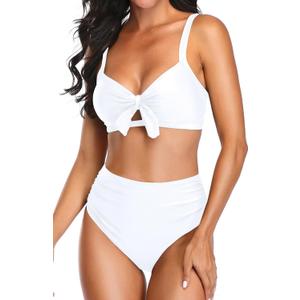 Tempt Me Pure White Two Piece Swimsuits - High Waisted Bikini Tummy Control Full Coverage Bathing Suits Ruched Tie Knot Swimwear M