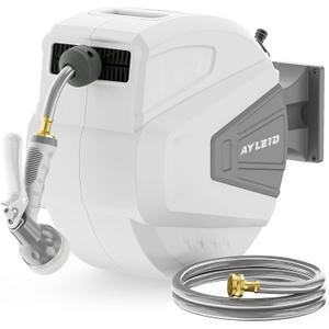 Ayleid Retractable Garden Hose Reel,1/2 in x 65 ft Wall Mounted Hose Reel, with 9- Function Sprayer Nozzle, Any Length Lock/Slow Return System/Wall Mounted/180Swivel Bracket (Gray)